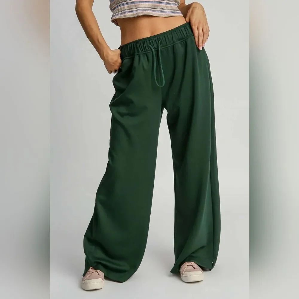 * Umgee Elastic Drawstring Waistband Wide Leg Pants Dk Green sz Lg